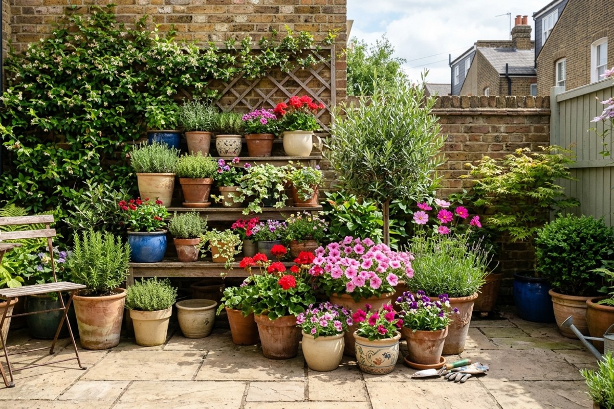 Compact container garden with dwarf shrubs and flowers in pots on a small urban patio.