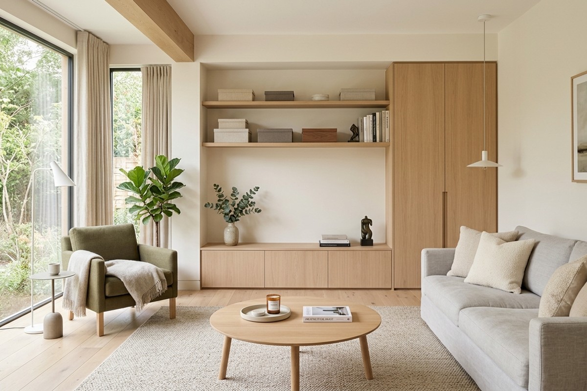 Clutter-free living room with elegant built-in cabinets and decorative storage boxes.