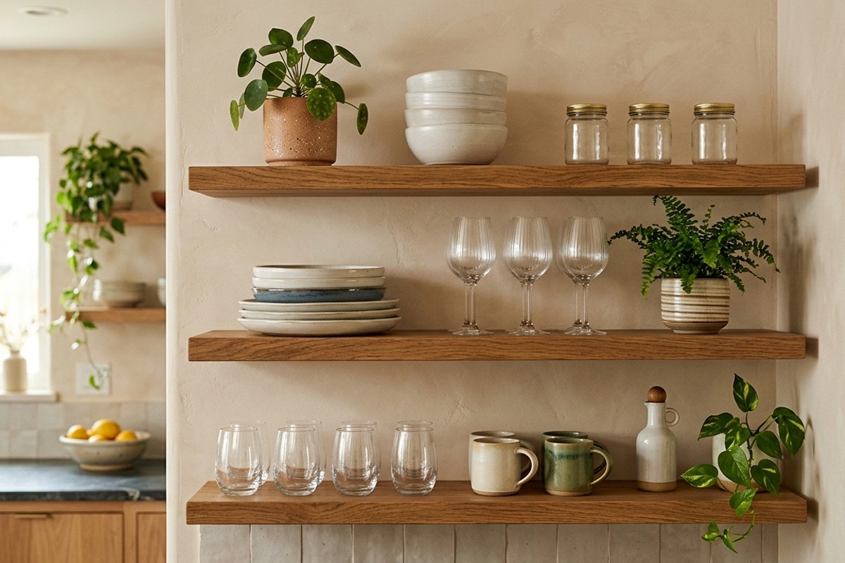 Thoughtfully styled open kitchen shelving with beautiful dinnerware, glassware, and small plants.