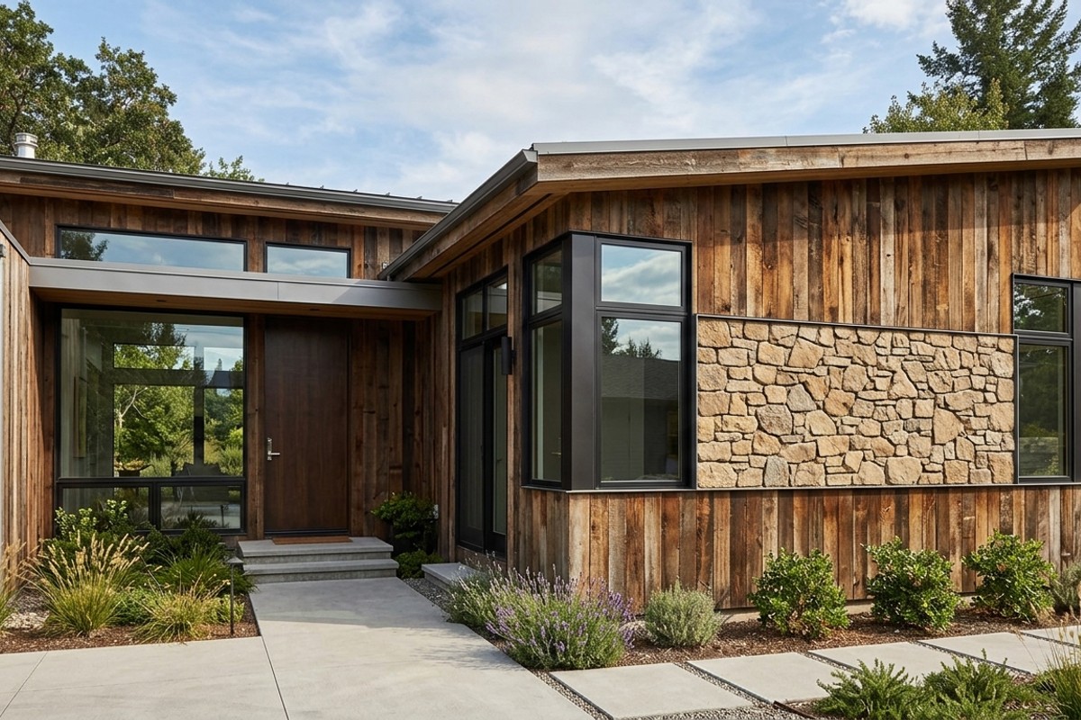 Home facade with an artistic accent band of natural stone veneer and reclaimed wood siding.