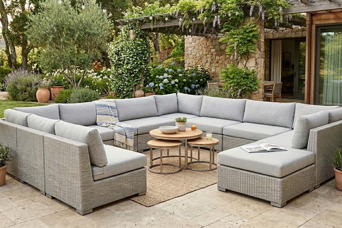Patio with flexible, modular outdoor sectional sofa and nesting tables.