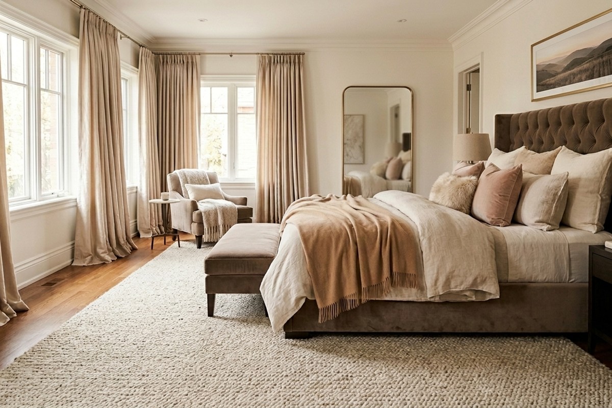A luxurious bedroom featuring a large, plush area rug, velvet pillows, and a cashmere throw, creating an indulgent, soft-textured space.