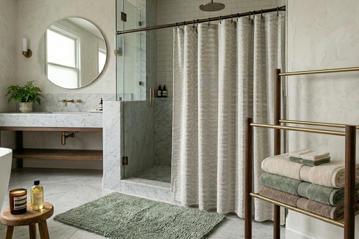 Luxurious bathroom with plush cotton towels, a stylish shower curtain, and a soft bath mat
