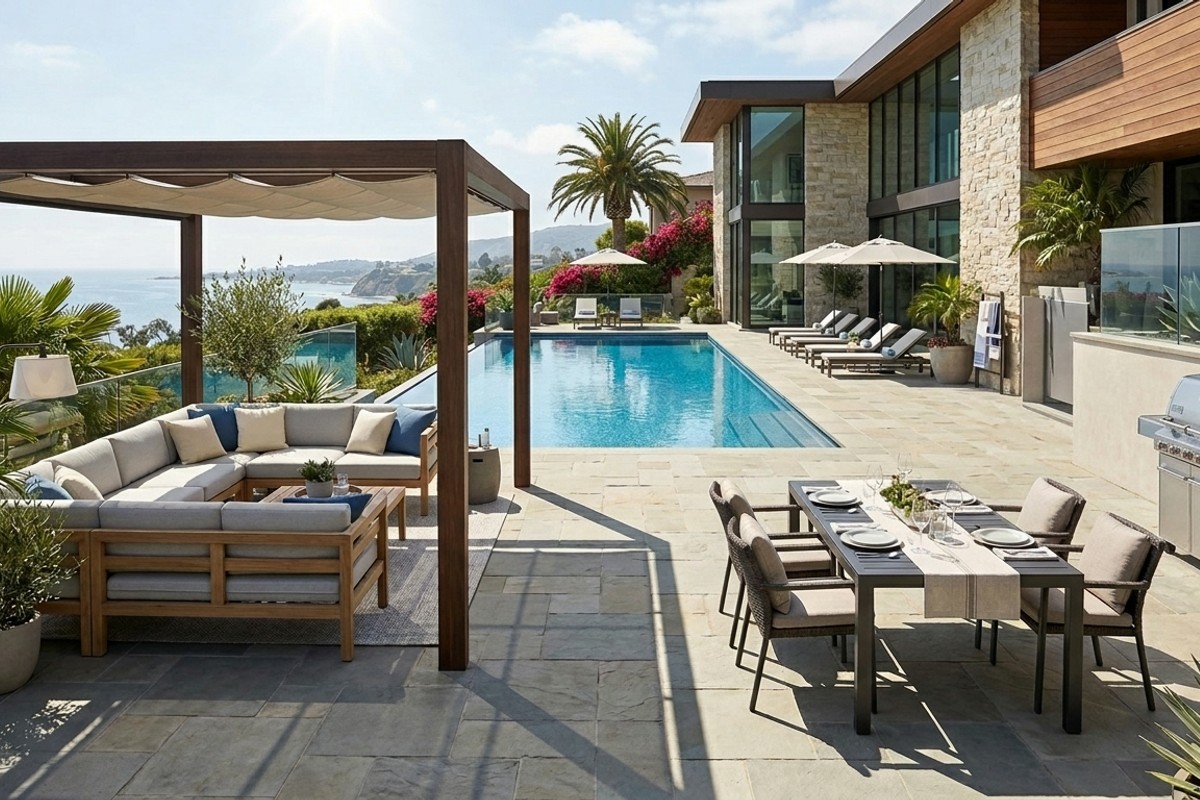 Comfortable outdoor lounging area with plush sofas under a pergola and a dining zone with a grill next to a pool