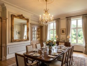 Dining room featuring elegant decorative molding and a large ornate mirror.