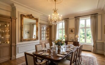 Dining room featuring elegant decorative molding and a large ornate mirror.