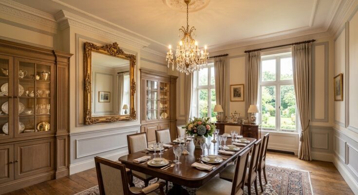 Dining room featuring elegant decorative molding and a large ornate mirror.