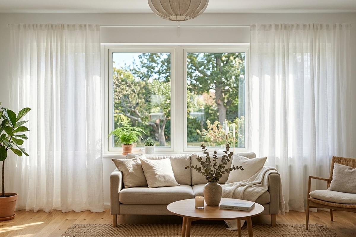 Living room window with sheer white linen curtains, allowing abundant natural light to brighten the space.