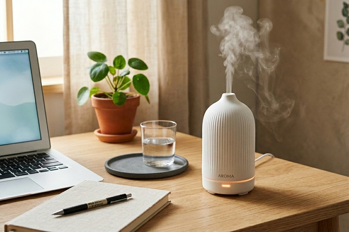 Minimalist home office desk with an elegant essential oil diffuser, promoting calming scents for a tranquil workspace.