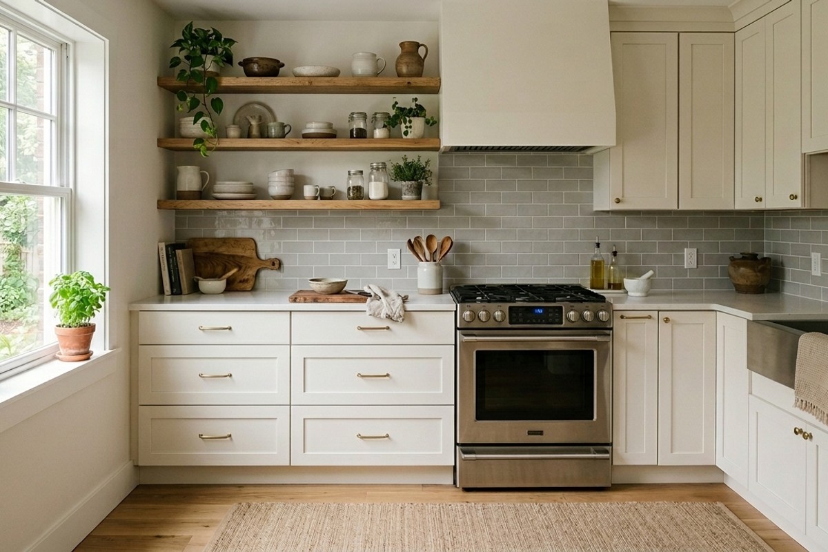 Kitchen showcasing harmonious color palette with warm white cabinets, gray backsplash, and wood accents