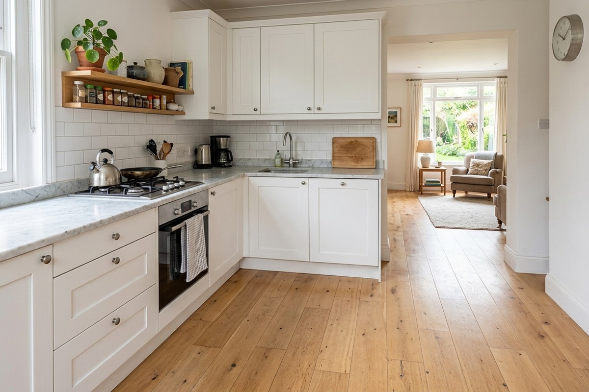 Small kitchen with consistent light wood plank flooring extending throughout for visual expansion.