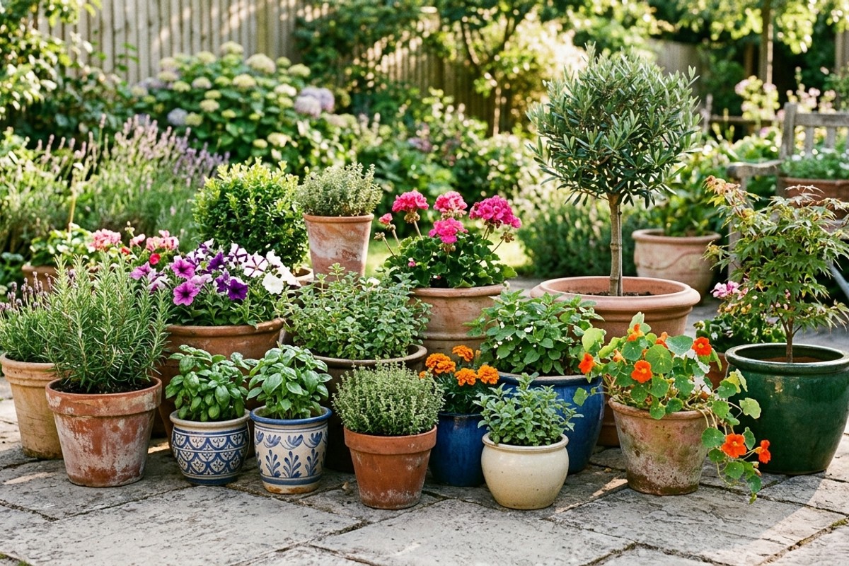 Grouped container gardens with herbs, annuals, and shrubs providing flexible and easy-to-manage garden elements.