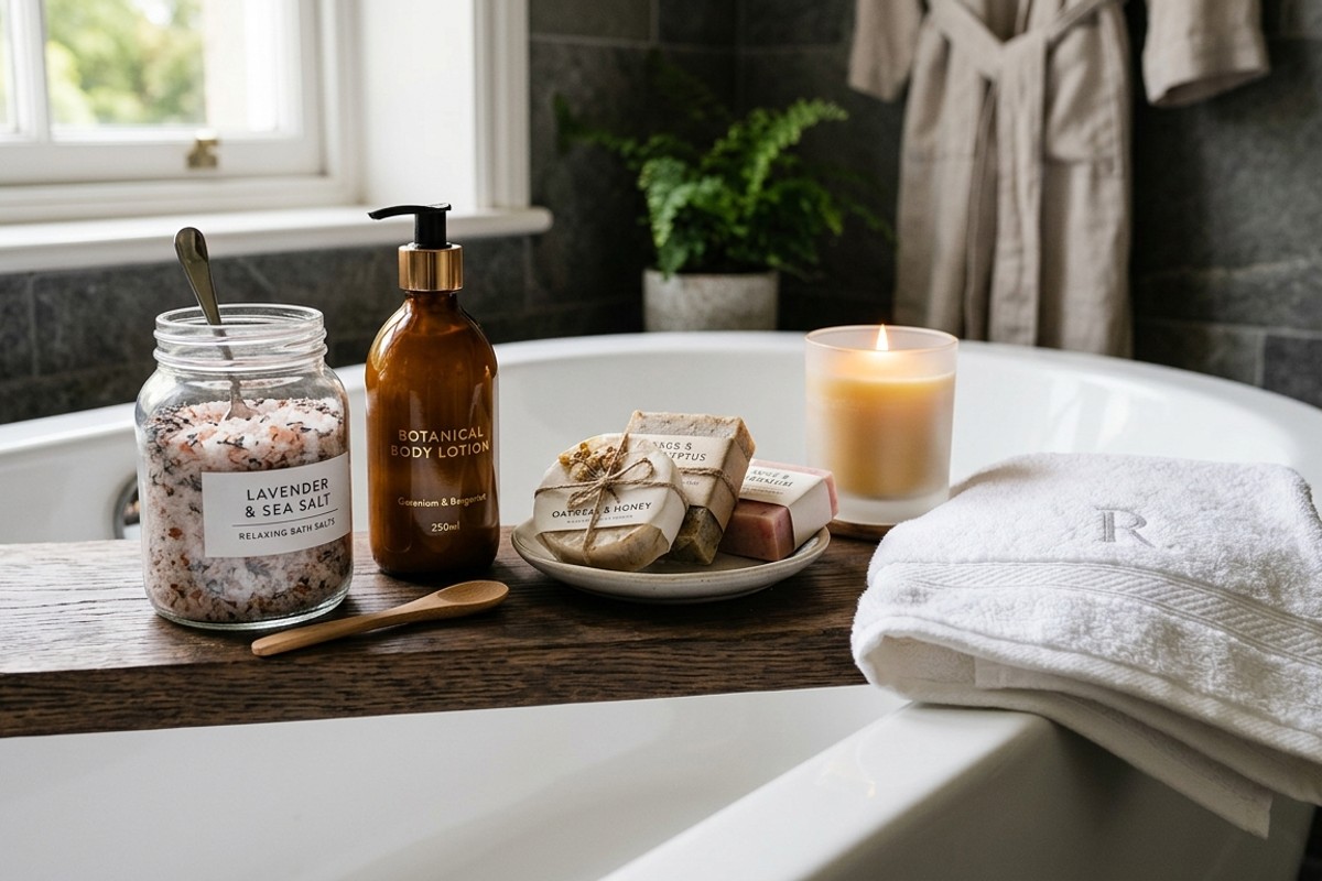 Luxurious bathroom amenities including bath salts, body lotions, and artisanal soaps on a bath caddy.