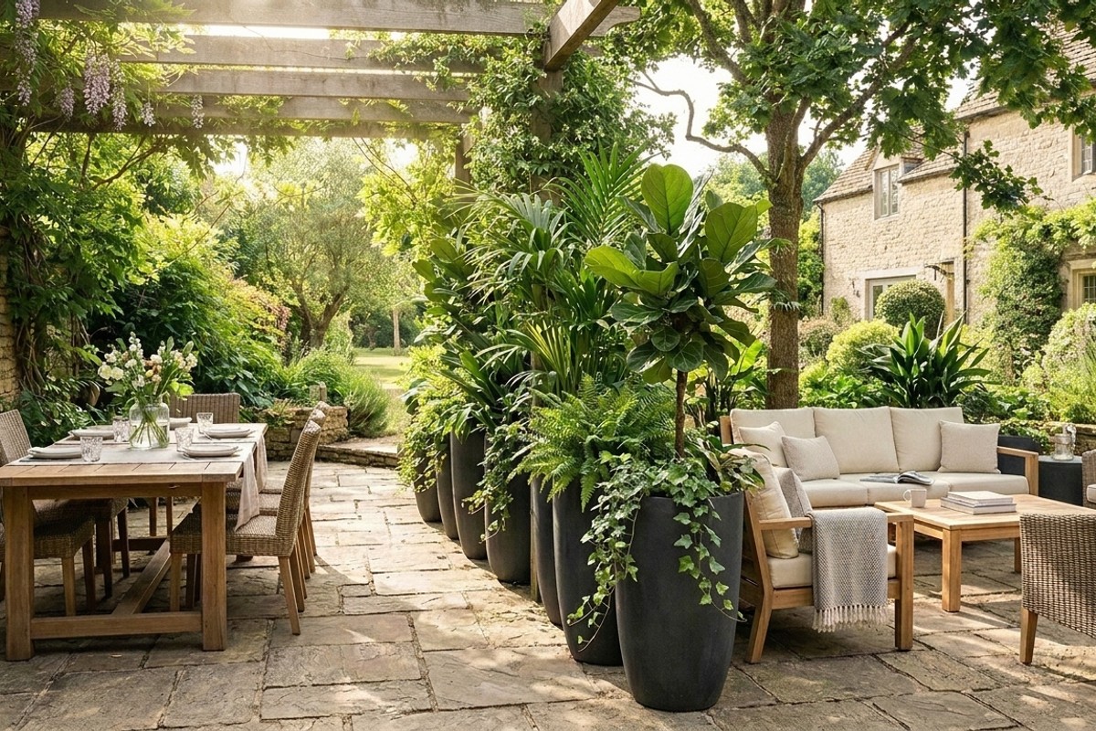 Patio with soft divisions created by tall planters filled with lush greenery, separating different zones