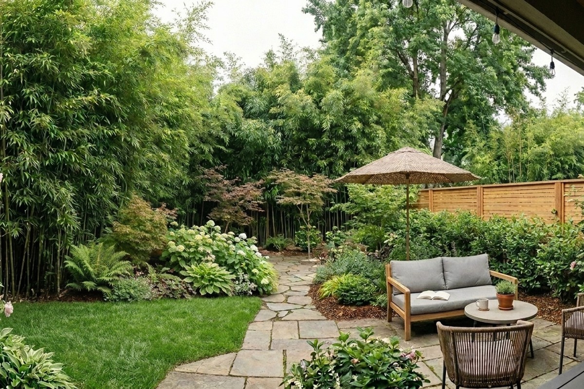 Private backyard sanctuary featuring strategically placed clumping bamboo, slatted cedar screens, and tall evergreen hedges for seclusion.