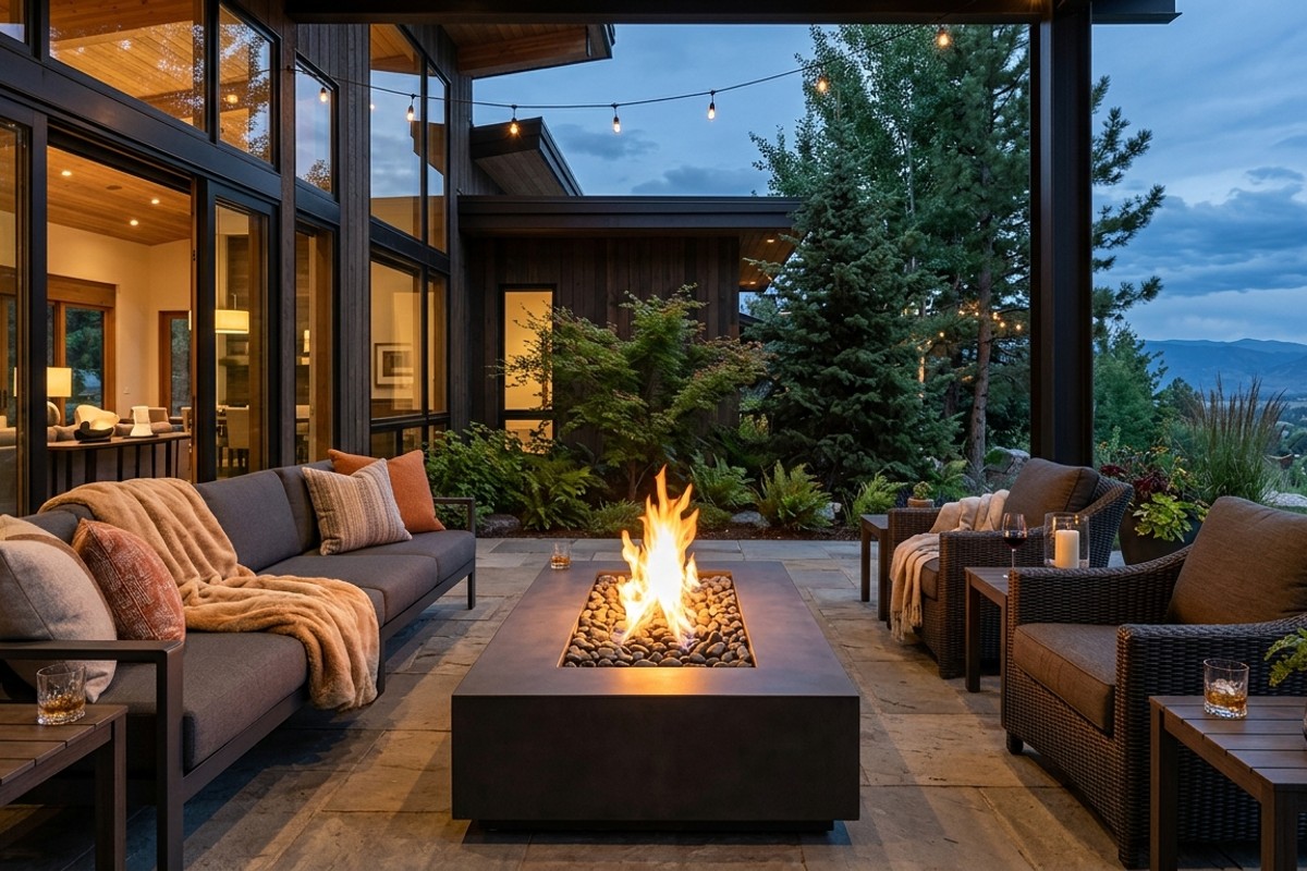 Patio featuring a modern fire pit with dancing flames providing warmth to an evening conversation area.