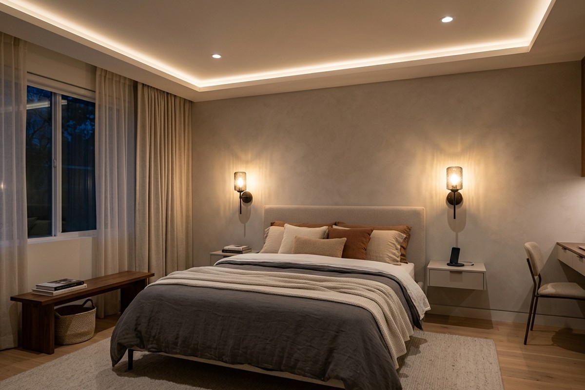 Wall sconces and recessed lighting providing smart, space-saving illumination in a small bedroom.