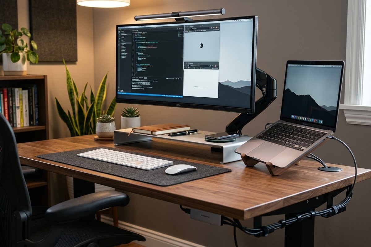 A clean home office desk with wireless peripherals and hidden cables using ties and grommets.
