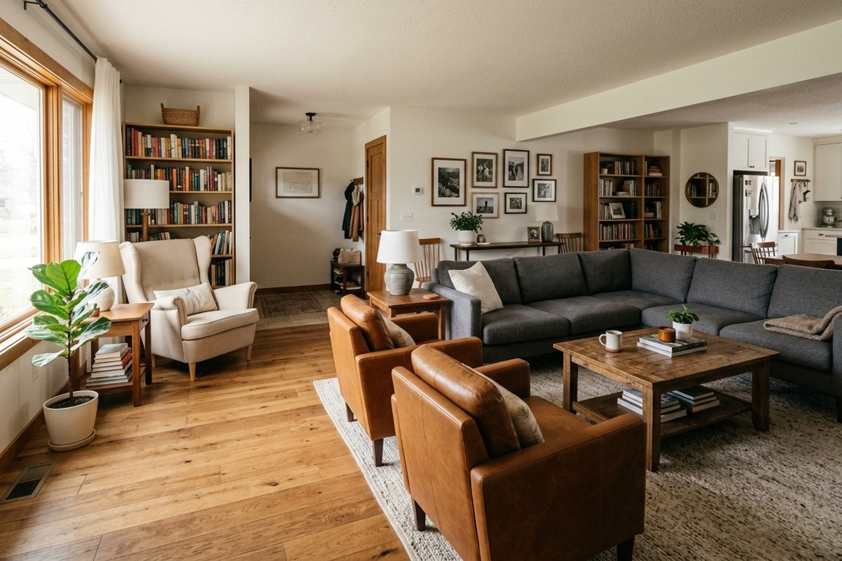 Living room with a thoughtful, flowing layout, furniture arranged for easy movement and conversation, possibly showing a distinct reading nook.