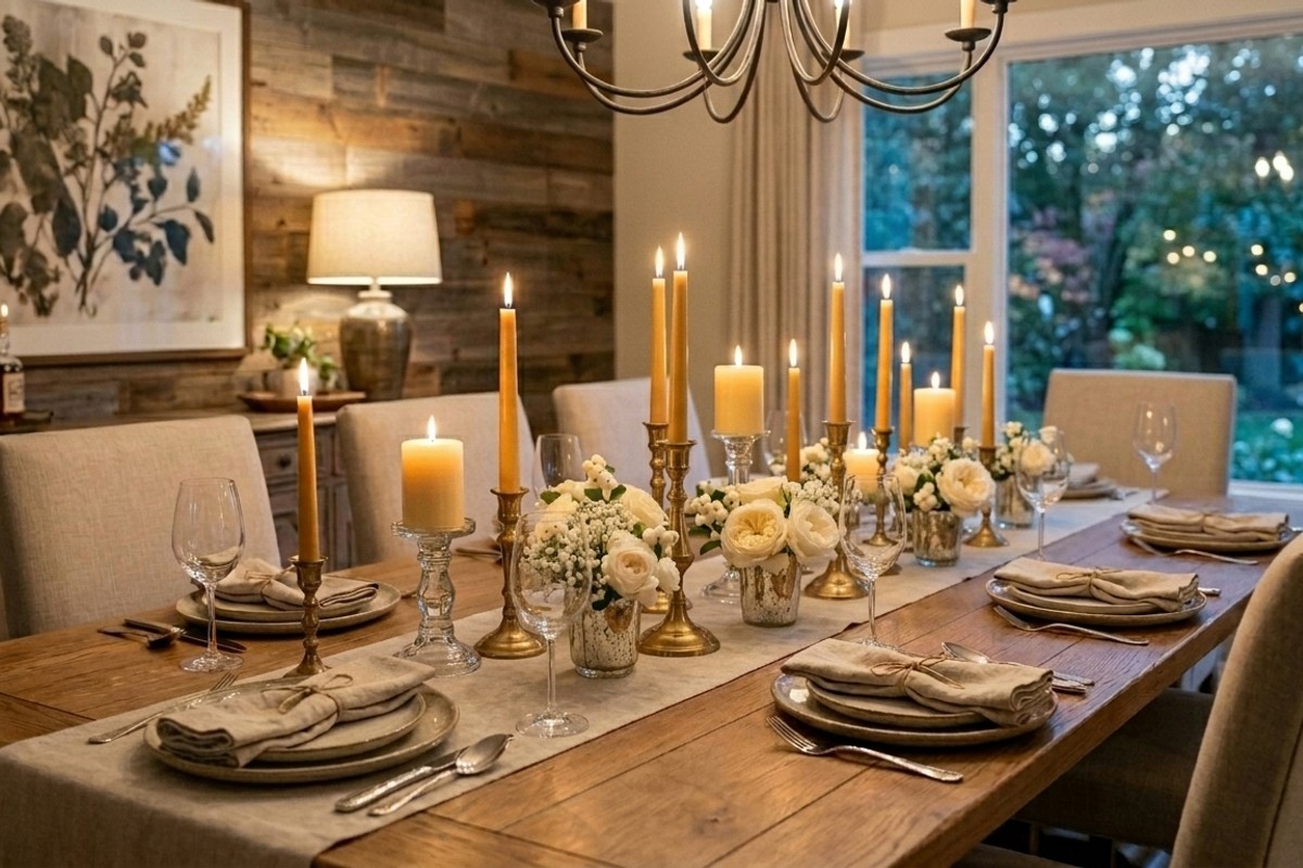 Dining table centerpiece with varying height candles, a rustic fruit bowl, and a low botanical arrangement.