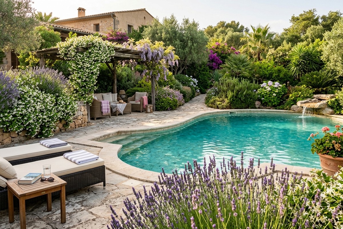 Poolside landscaping with fragrant lavender and jasmine plants
