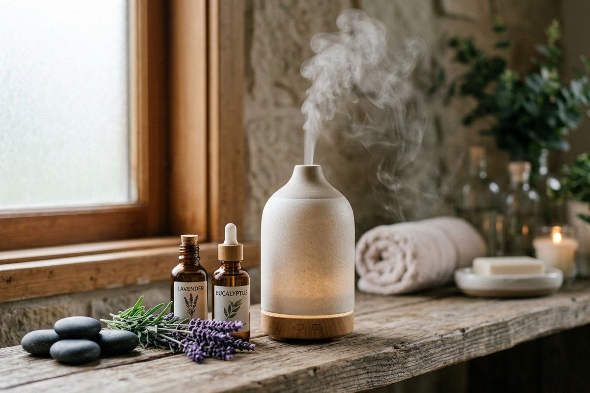 Aromatherapy setup with essential oil diffuser, lavender, and eucalyptus oils in a spa bathroom.