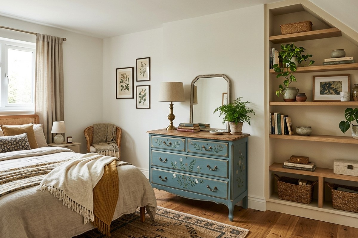 Bedroom with an upcycled vintage dresser and custom-built shelving for personalized storage.