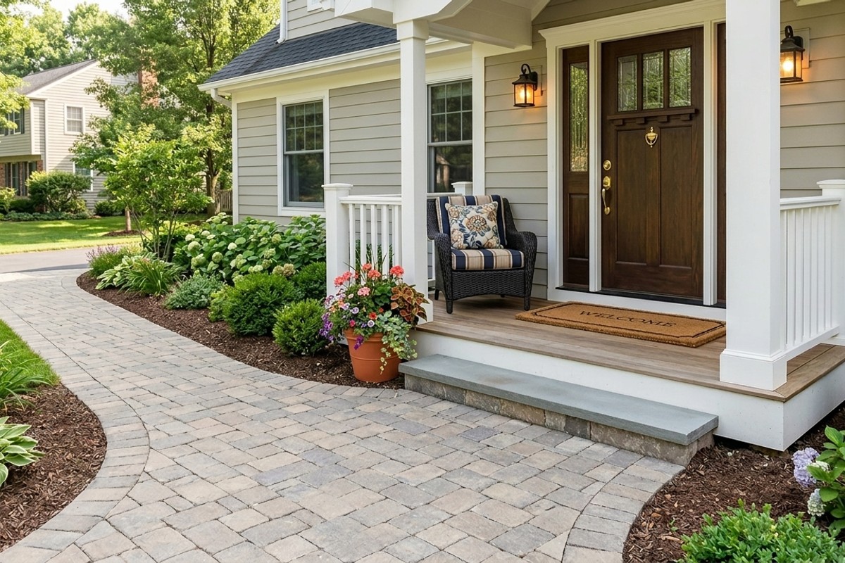 Paver stone walkway leading to a tidy porch with a welcoming doormat, comfortable chair, and potted plant.
