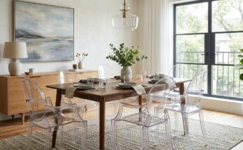 Clear acrylic 'ghost chairs' tucked under a dining table in a small dining room.