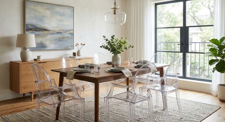 Clear acrylic 'ghost chairs' tucked under a dining table in a small dining room.