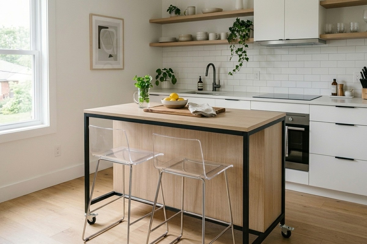 Small kitchen with clear acrylic bar stools and a compact kitchen island on wheels to maintain an open and airy aesthetic.