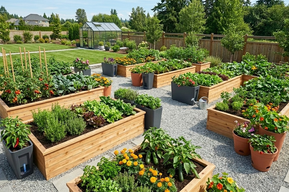 Modern raised garden beds and self-watering containers filled with vibrant plants, providing accessible and controlled planting options.