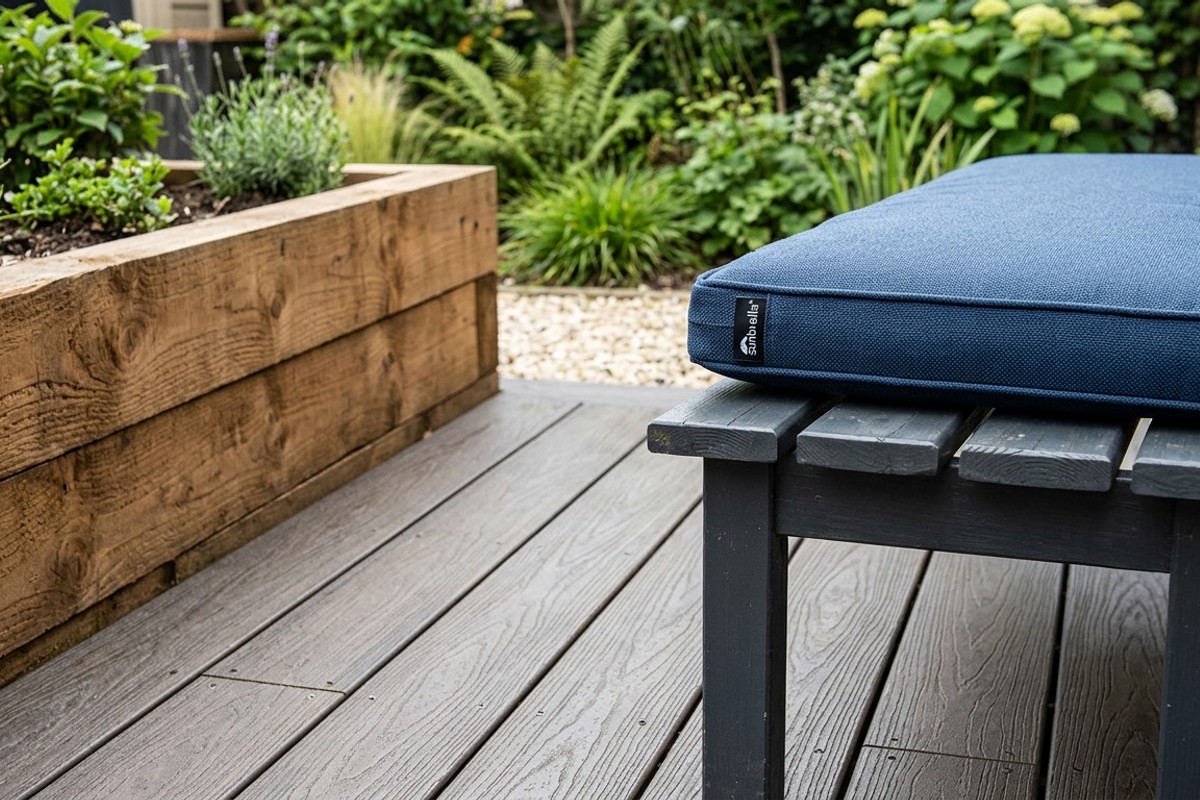 Durable composite decking, treated lumber, and robust outdoor fabric for a low-maintenance backyard.