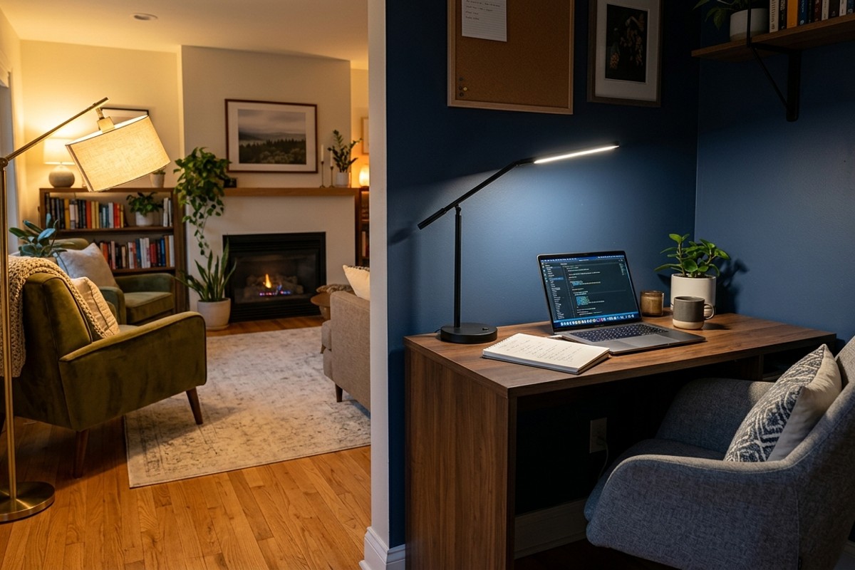 Home office desk with a stylish task lamp, complemented by an ambient floor or table lamp for layered lighting.