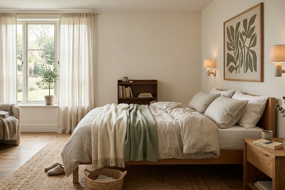 Tech-free bedroom interior, minimalist and calm, without visible electronic devices.
