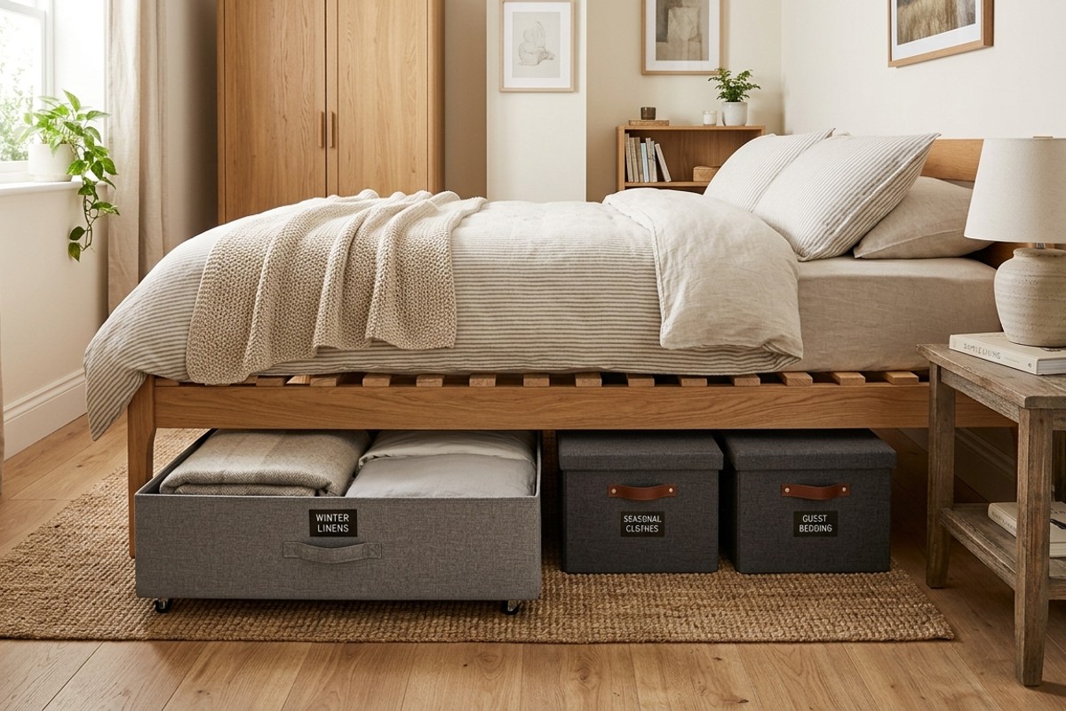 Rolling drawers and storage bins neatly tucked under a bed in a small bedroom