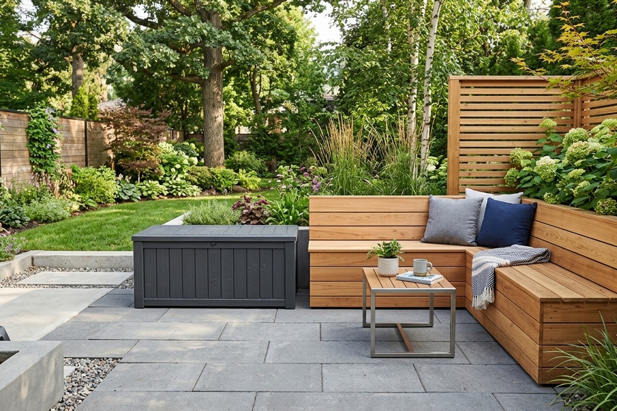 Smart backyard storage solutions, including a built-in bench with hidden compartments and a stylish deck box.