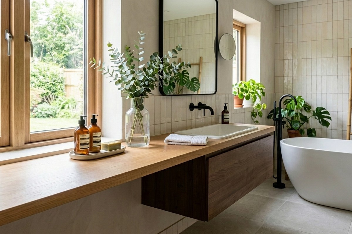 Serene bathroom with lush greenery, featuring a vibrant fern and elegant eucalyptus branches for an organic touch.