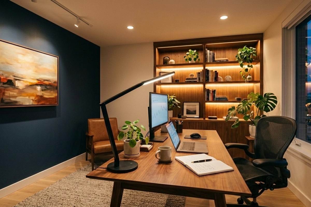 Layered lighting in a home office with a task lamp and ambient light.