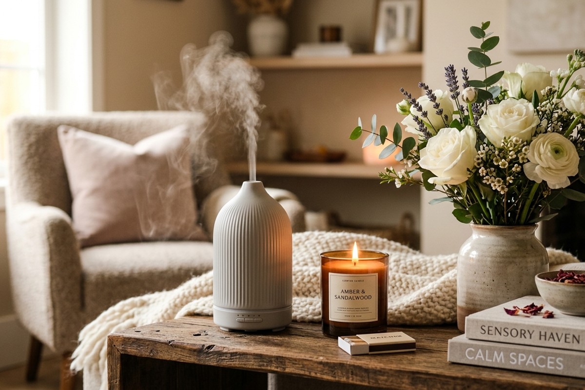 Living room detail with an essential oil diffuser, scented candle, and fresh flowers for an inviting aroma.