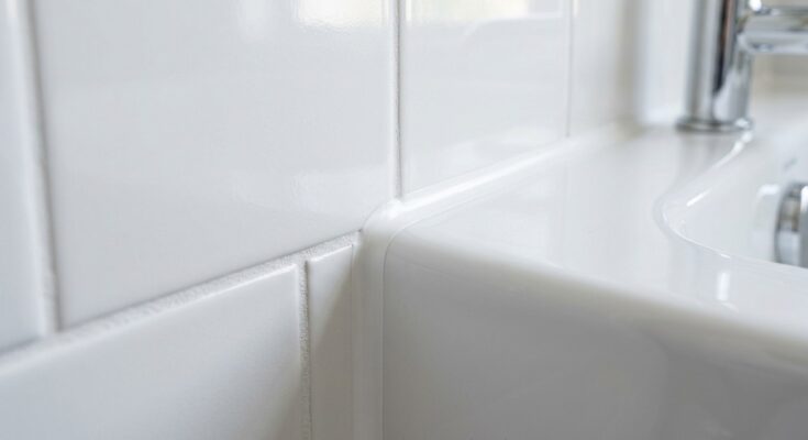Close-up of freshly cleaned and re-grouted bathroom tiles and caulking.