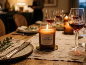 Scented candle burning on a dining table, enhancing the room's comforting ambiance.