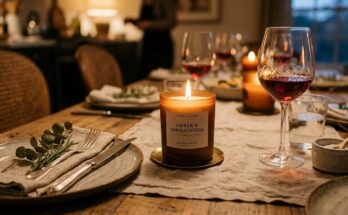 Scented candle burning on a dining table, enhancing the room's comforting ambiance.