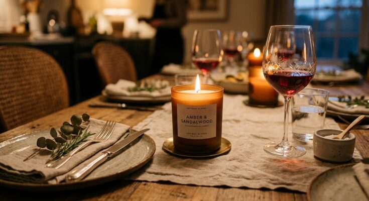 Scented candle burning on a dining table, enhancing the room's comforting ambiance.