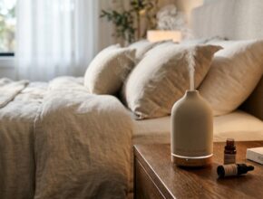 Chic essential oil diffuser on a bedside table, creating a peaceful, luxurious bedroom atmosphere.