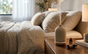 Chic essential oil diffuser on a bedside table, creating a peaceful, luxurious bedroom atmosphere.