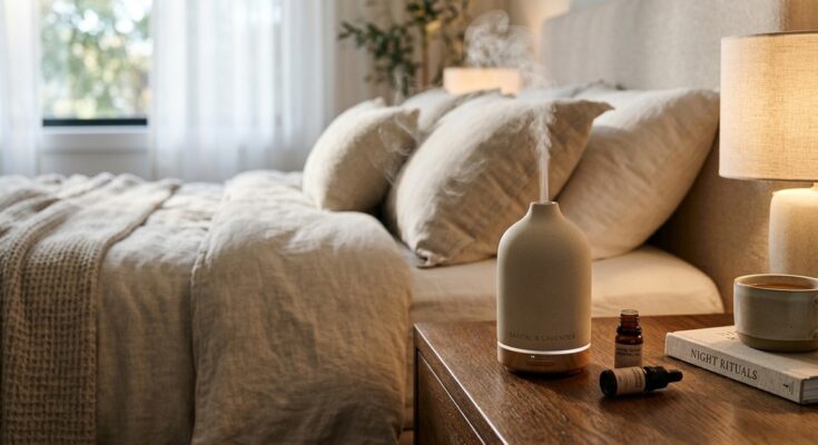 Chic essential oil diffuser on a bedside table, creating a peaceful, luxurious bedroom atmosphere.