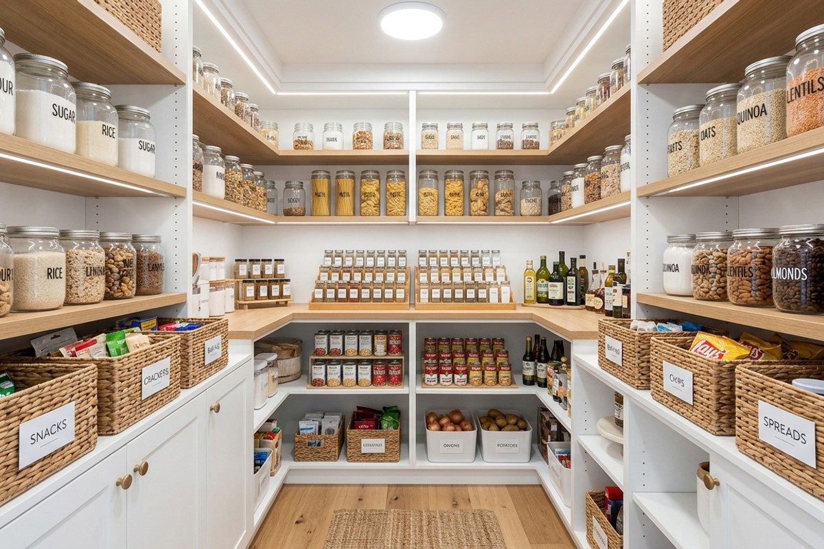 Organized pantry interior with adjustable shelves, clear containers, and labeled baskets for efficient storage.