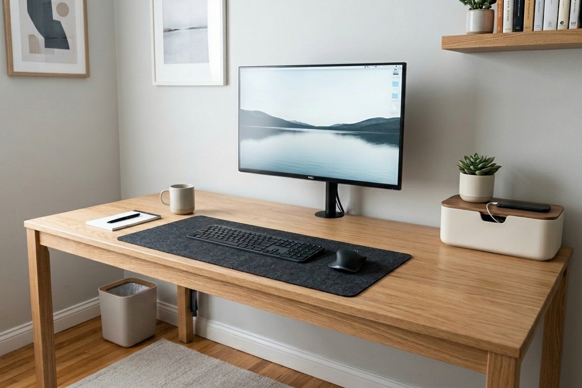 Tidy home office desk with hidden cable management, desk grommets, wireless peripherals, and a discreet charging station.