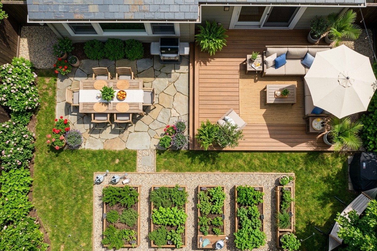 Backyard with defined activity zones: a dining area, a lounging space, and a small herb garden, with appropriate surfaces.